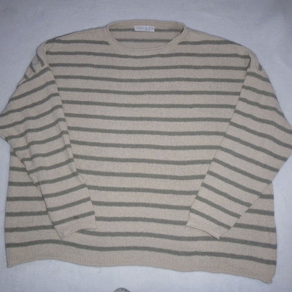 Primark Cares Womens XL Striped Knit Sweater Beige Green Crew Neck Oversized